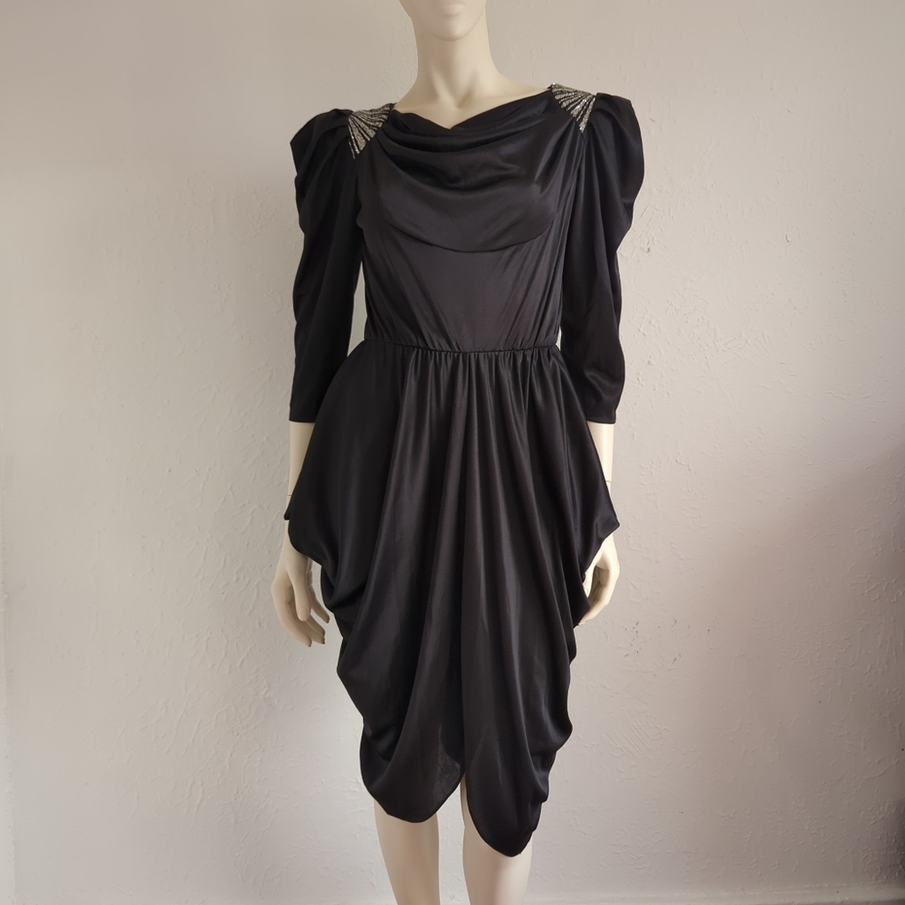 Diamond's Run Vintage Black Jersey Draped Dress w/ Embellished Strong Shoulders